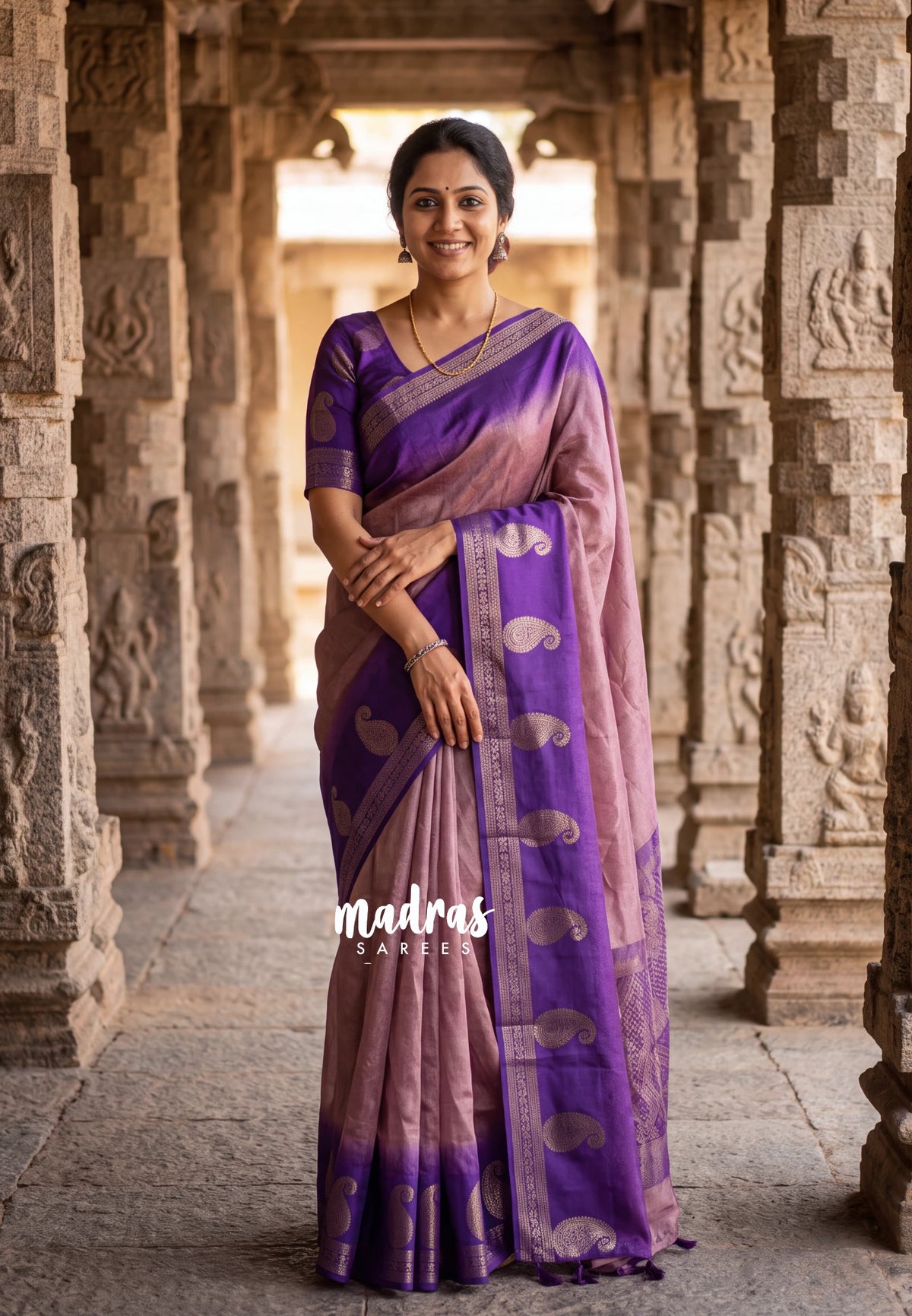 Mauve Pink - Soft and Silky Georgette with Emboss Weaving with Mango Border - Best for Temple Visit