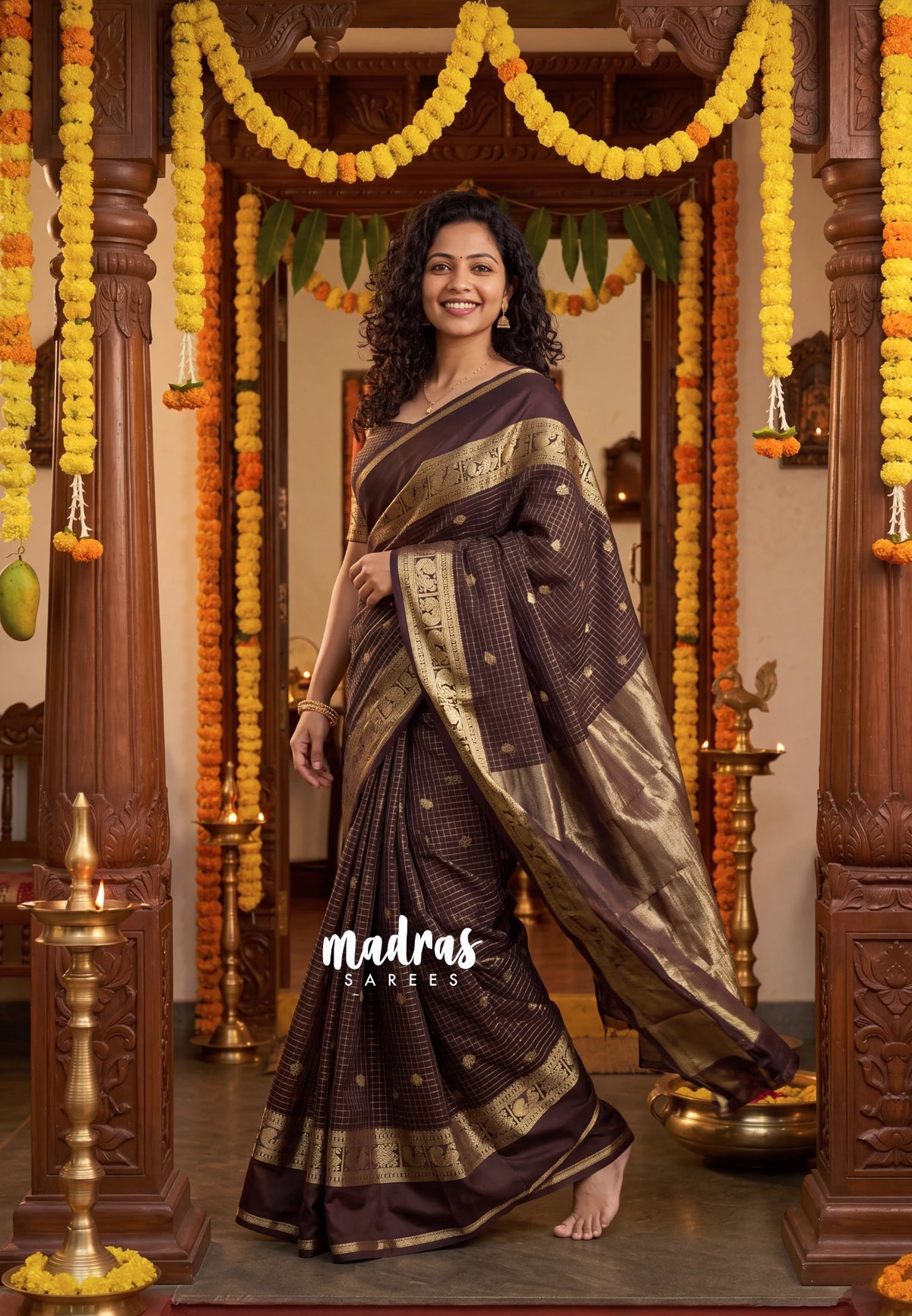 Coffee Brown - Avantika - Semi Mysore Silk Saree with Checks Weaving Gap and Mayil Border - Perfect for Small Functions