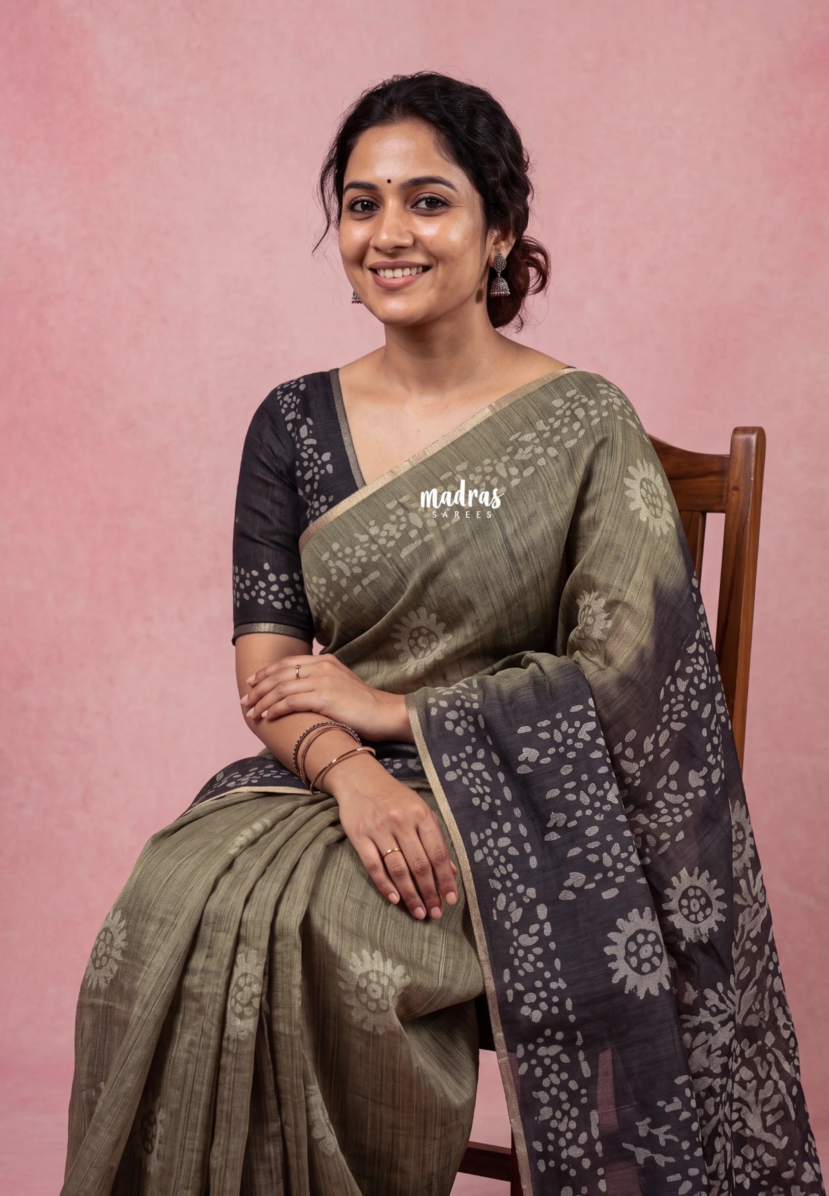 Olive Tone - Pragathi - Linen Cotton Saree with Batik Prints Contrast ...