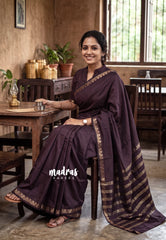 Dark Chocolate Brown - Avantika - Semi Mysore Silk Saree with Small Mango Border - Perfect for Small Functions