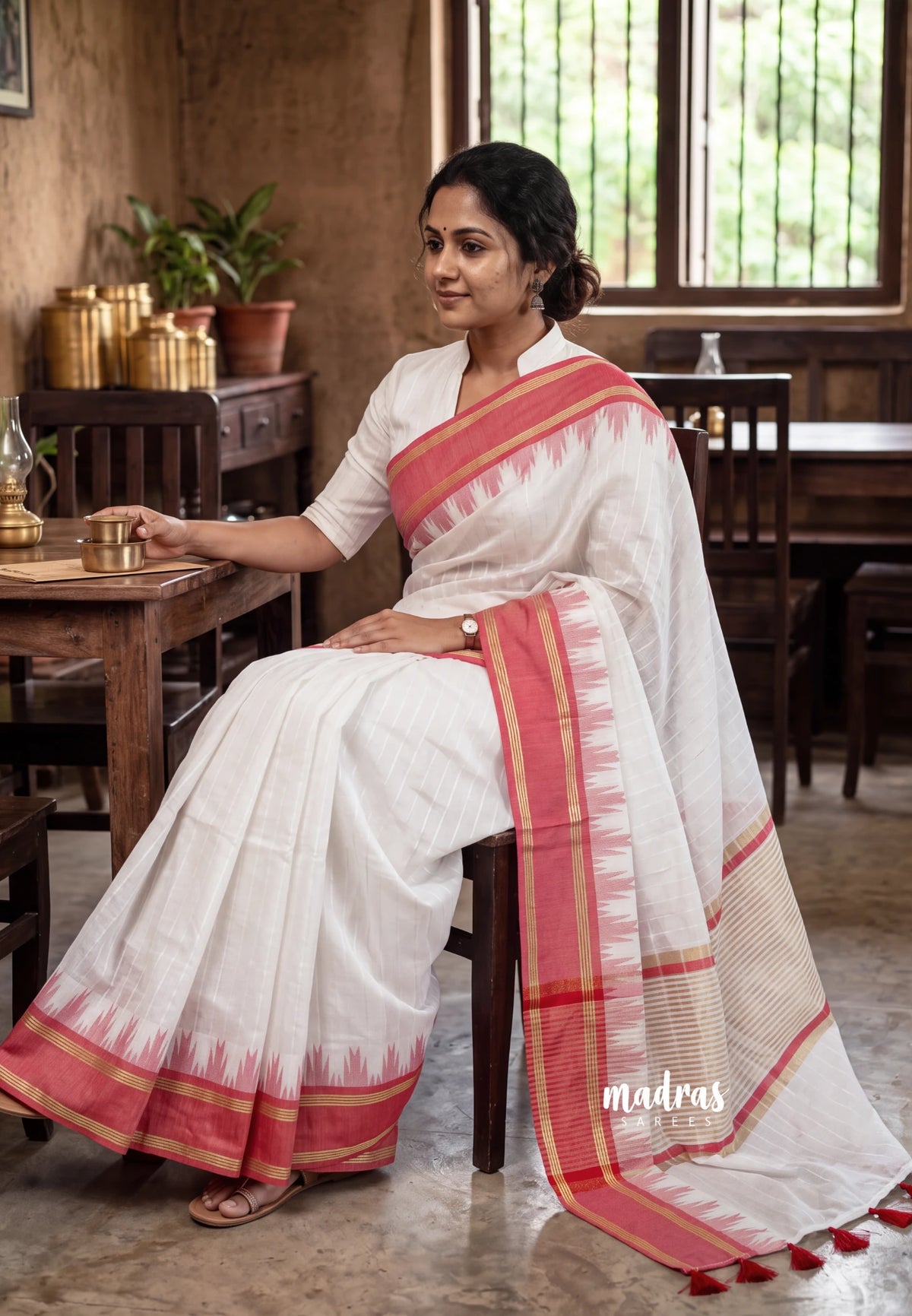 Ivory White -  Maheswari - Premium Lightweight Cotton Silk with Rettapet and Temple Border - Perfect for Festive Wear