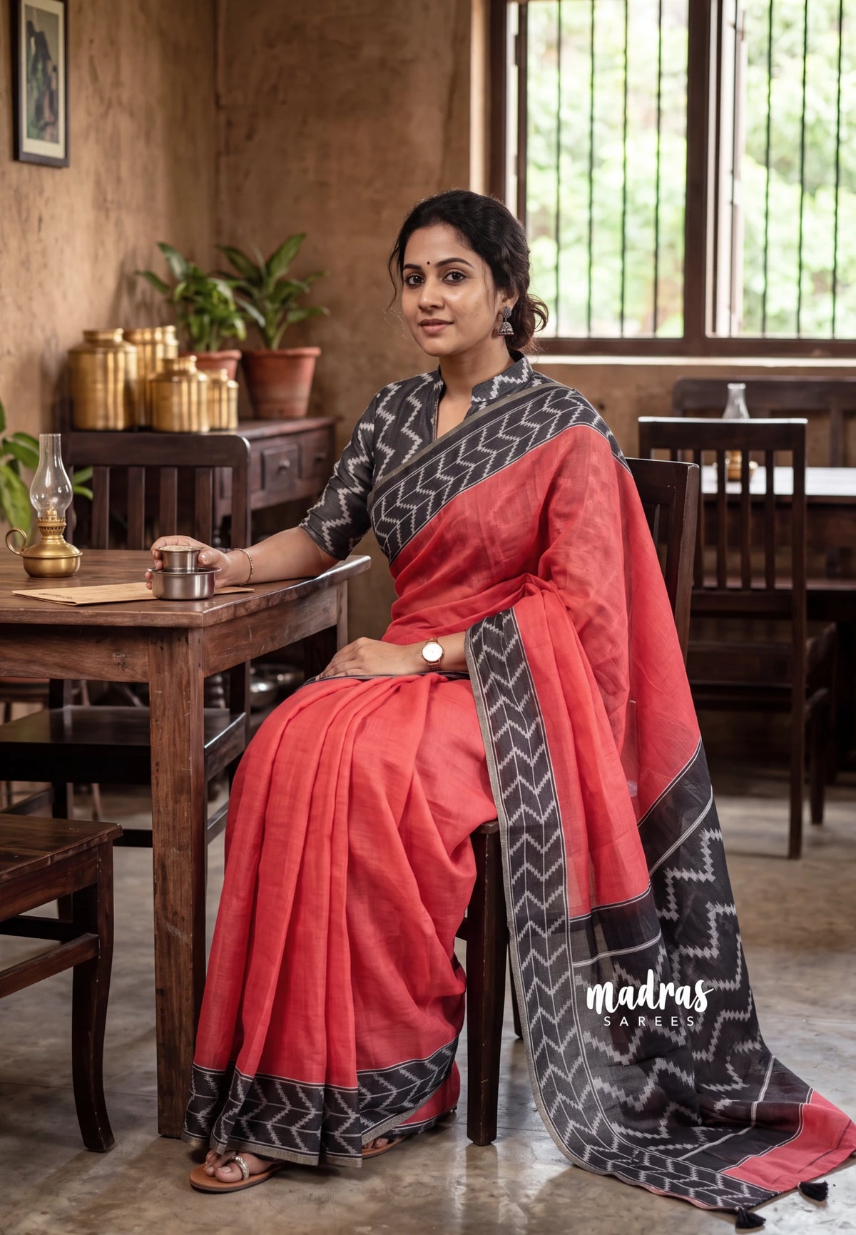 Tomato Red - Pragathi - Linen Cotton Saree Contrast Border and Blouse - Perfect for Office Wear | Casual Wear