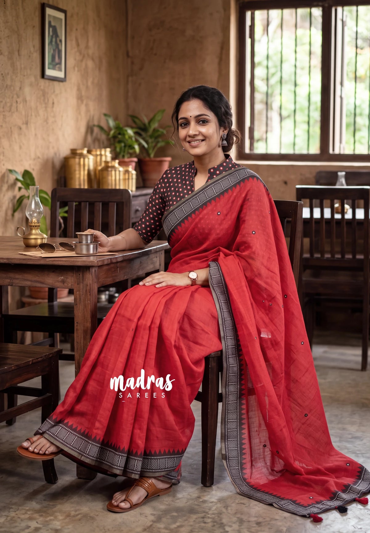 Chilli Red - Pragathi - Linen Cotton Saree Contrast Border and Blouse with Buttas - Perfect for Office Wear | Casual Wear
