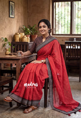 Chilli Red - Pragathi - Linen Cotton Saree Contrast Border and Blouse with Buttas - Perfect for Office Wear | Casual Wear
