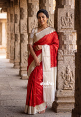 Spicy Red - Durga - Banarasi Soft Katan Silk with Floral Border - Best for Pooja Wear | Diwali Function