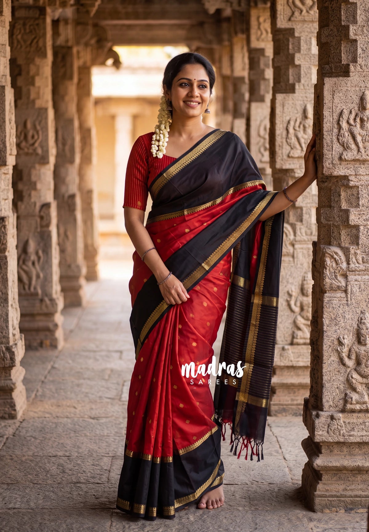 Brick Red - Kanimozhi - Soft Silk Saree with Gap Border and Buttas - Best for Pooja Functions | Temple Visit