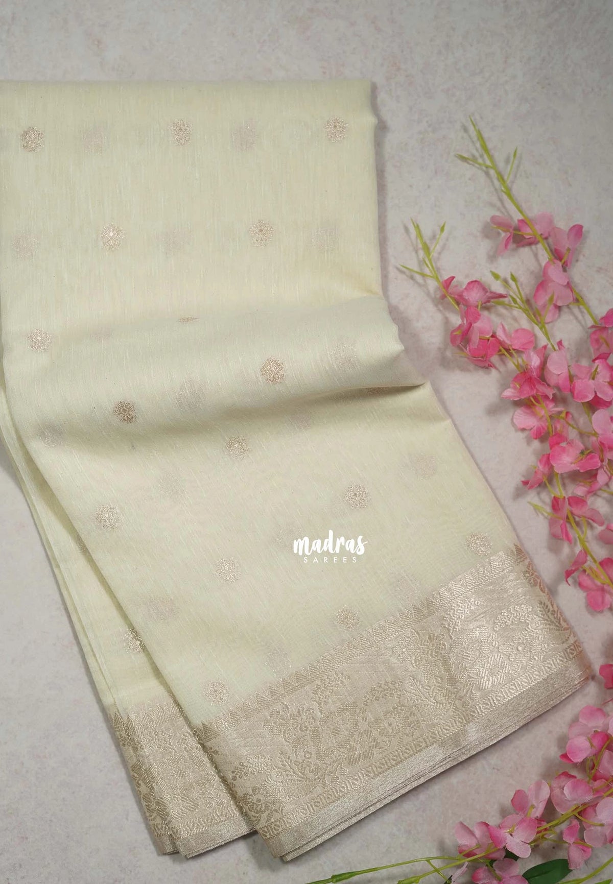 Ivory Beige -  Maheswari - Premium Cotton Silk with Floral Border and Buttas - Perfect for Festive Wear