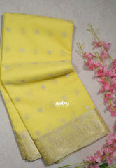 Pastel Lemon Yellow -  Maheswari - Premium Cotton Silk with Floral Border and Buttas - Perfect for Festive Wear