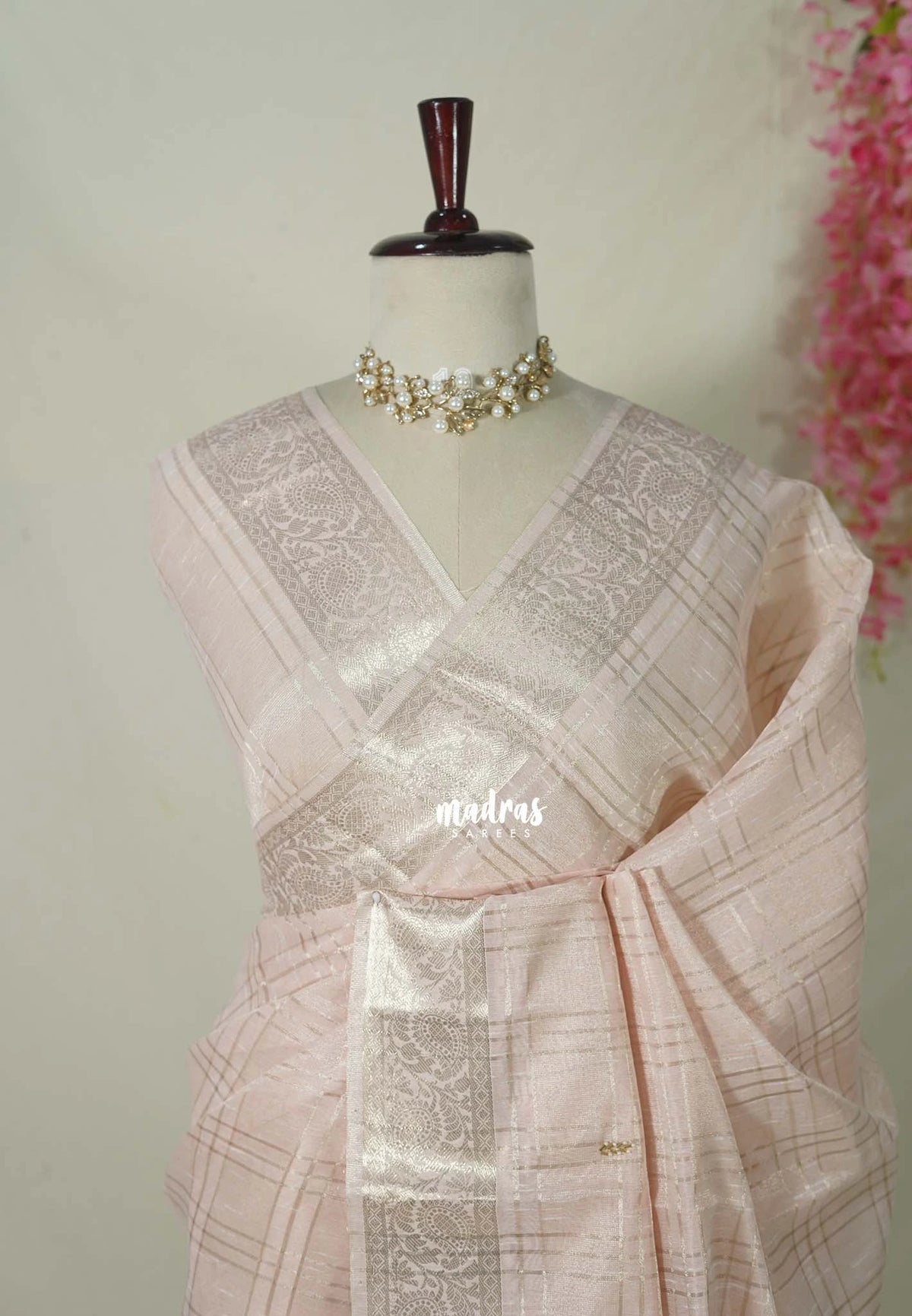 Pastel Blus Pink -  Maheswari - Premium Cotton Tissue Silk with Zari Waving and zardosi Embroidery Work in Pallu - Perfect for Festive Wear