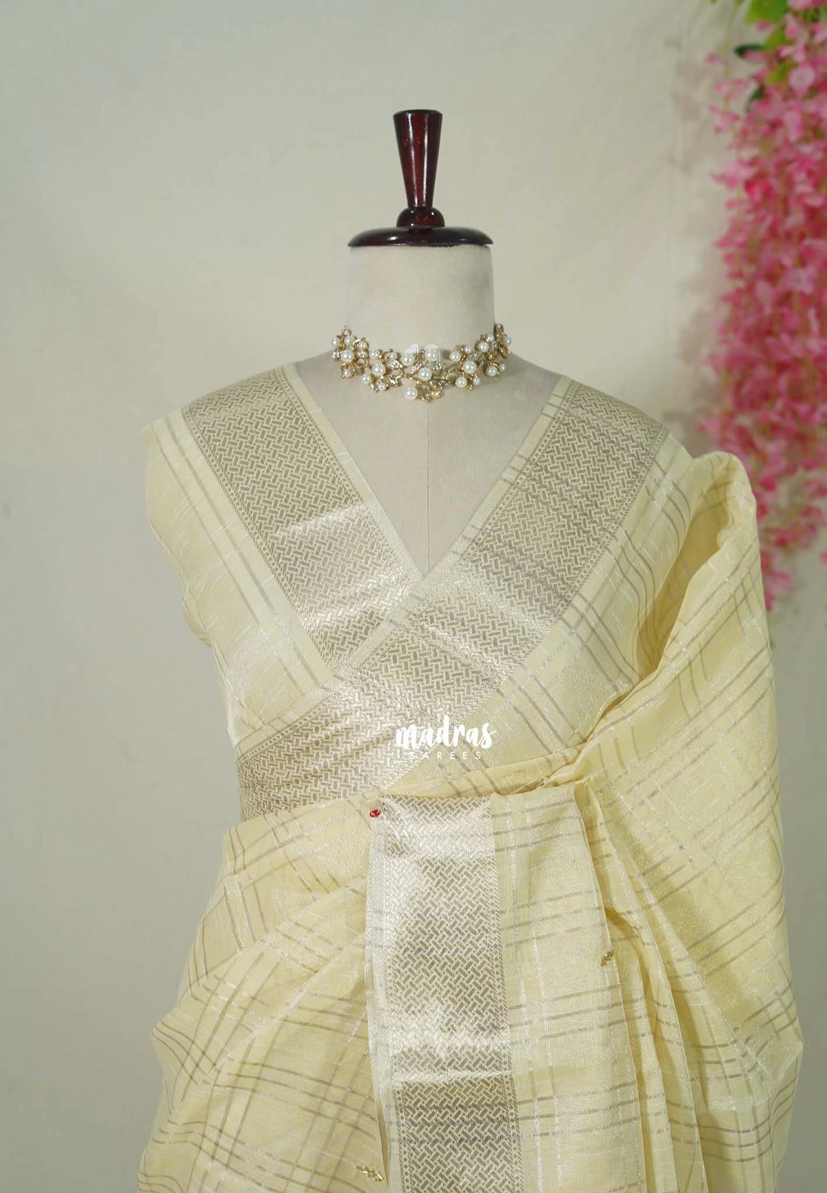 Sandal Beige -  Maheswari - Premium Cotton Tissue Silk with Zari Waving and zardosi Embroidery Work in Pallu - Perfect for Festive Wear