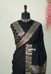 Nightfall Black - Maheswari - Lightweight Cotton Silk Plain Body with Grand blouse  - Best for Small Functions