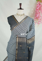 White & Black -  Maheswari - Nayanthra Inspired Premium Lightweight Cotton Silk with Small Border - Perfect for Festive Wear