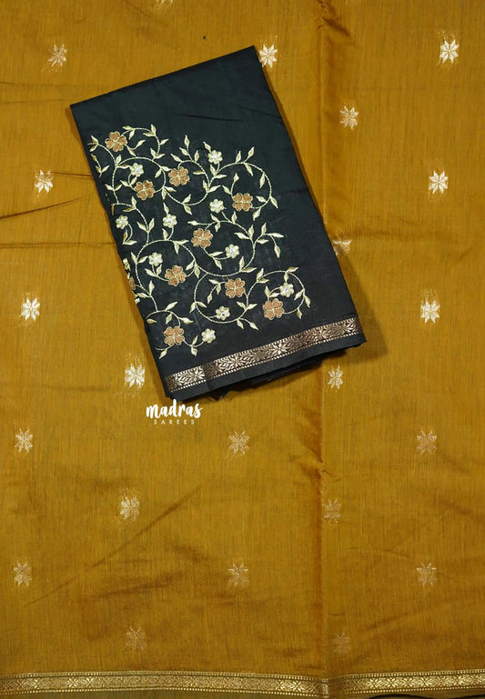 Mustard Brown - Maheswari - Premium lightweigt cotton silk with embroidery blouse fabric