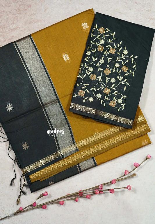 Mustard Brown - Maheswari - Premium lightweigt cotton silk with embroidery blouse fabric