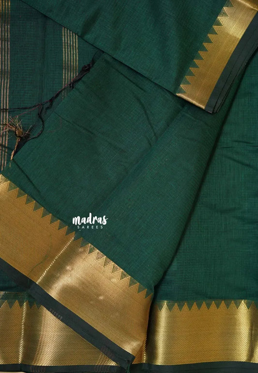 Bottle green - Maheswari - lightweigt cotton silk with rich gold border