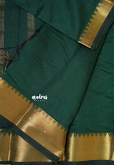 Bottle green - Maheswari - lightweigt cotton silk with rich gold border