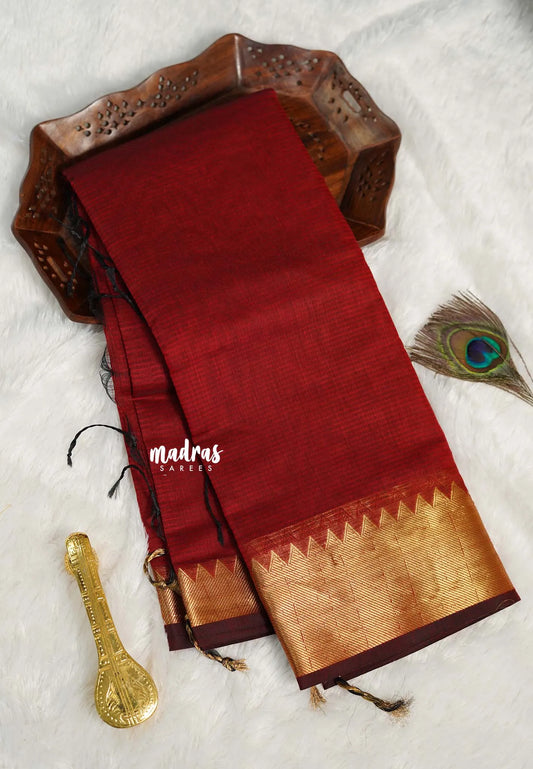 Majestic Maroon - Maheswari - lightweigt cotton silk with rich gold border