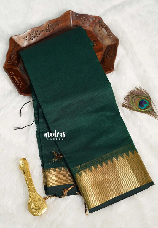 Bottle green - Maheswari - lightweigt cotton silk with rich gold border