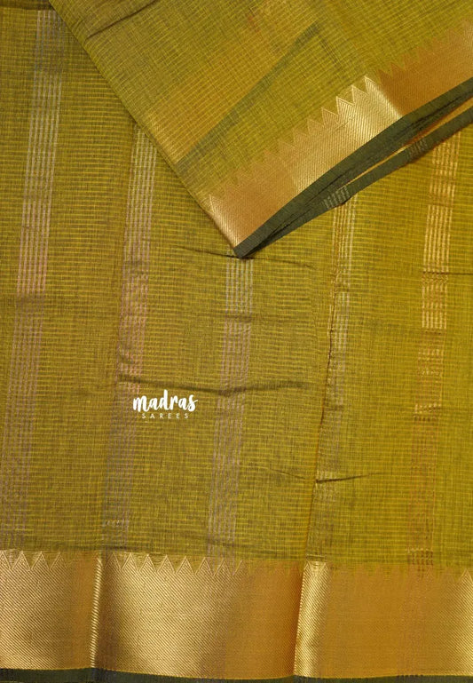 Warm olive - Maheswari - lightweigt cotton silk with rich gold border