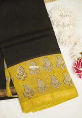 Yamuna - Handblock Maheswari silk with zari border - Black with mustard border