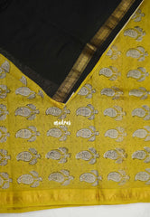 Yamuna - Handblock Maheswari silk with zari border - Black with mustard border