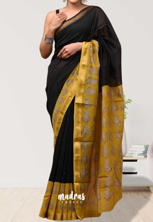 Yamuna - Handblock Maheswari silk with zari border - Black with mustard border