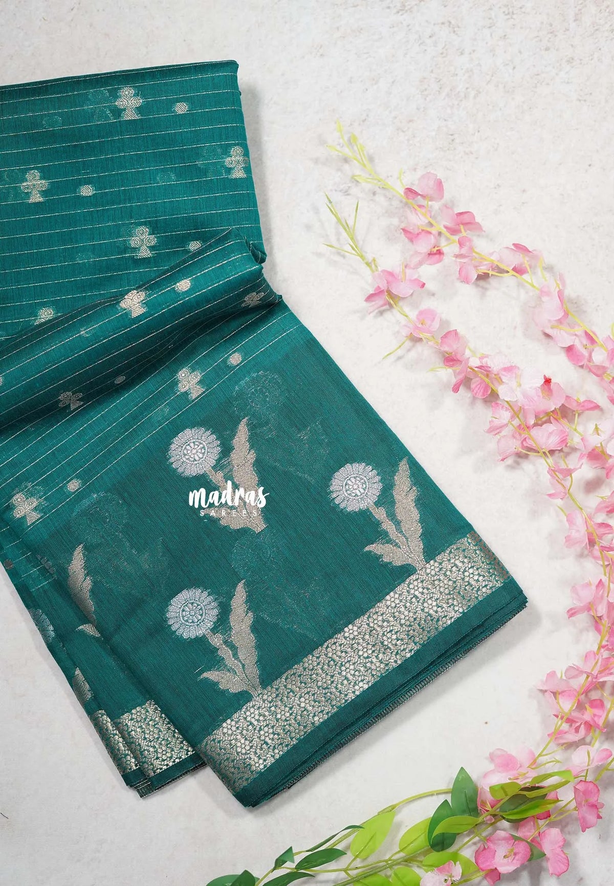Peacock Green - Maheswari - Lightweight cotton silk saree Stripes Weaving body with Buttas - Best for Small Functions