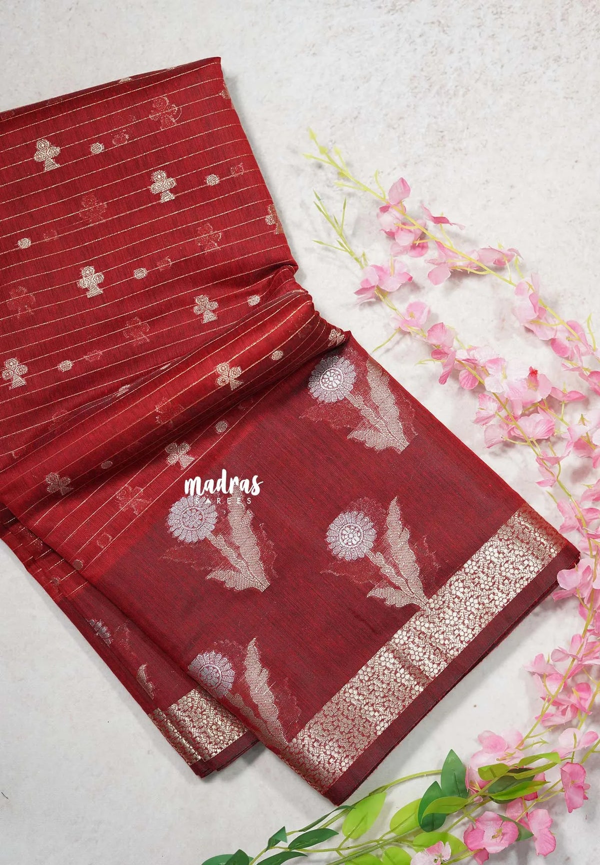 Garnet Red - Maheswari - Lightweight cotton silk saree Stripes Weaving body with Buttas - Best for Small Functions