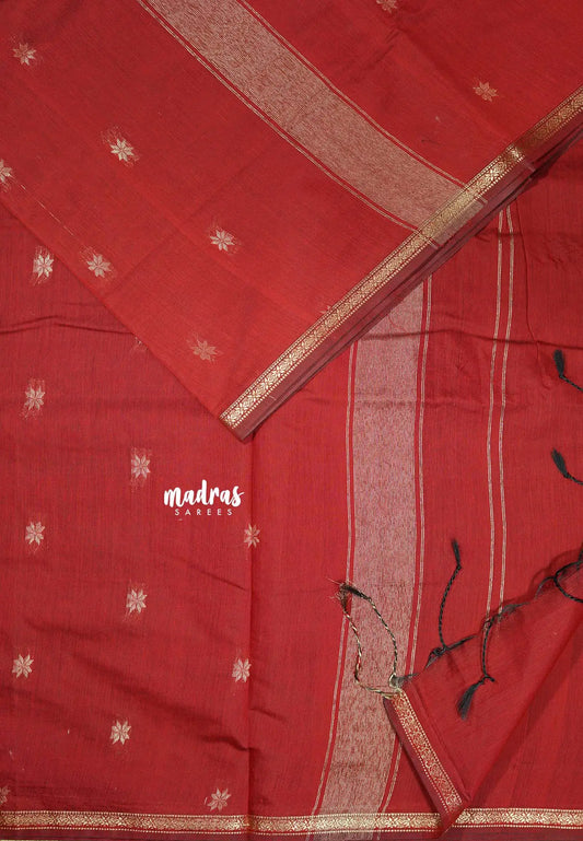 Maroon Red - Maheswari - Premium lightweigt cotton silk with small zari border
