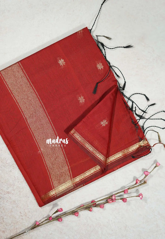 Maroon Red - Maheswari - Premium lightweigt cotton silk with small zari border