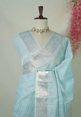 Sky Melody Blue -  Maheswari - Premium Cotton Tissue Silk with Zari Waving and zardosi Embroidery Work in Pallu - Perfect for Festive Wear
