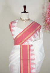 Ivory White -  Maheswari - Premium Lightweight Cotton Silk with Rettapet and Temple Border - Perfect for Festive Wear
