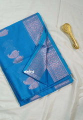 Neelanjali Blue - Maheswari - Cotton Silk with mango Buttas and Small Border - Best for Small Functions