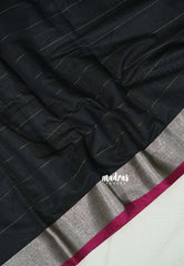 Jet Black - Maheswari - Lightweight cotton Silk Saree with Horizontal Stripes - Best for Small Funcitons