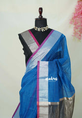 Cobalt Blue - Maheswari - Lightweight cotton Silk Saree with Horizontal Stripes - Best for Small Funcitons