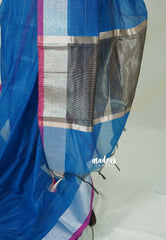 Cobalt Blue - Maheswari - Lightweight cotton Silk Saree with Horizontal Stripes - Best for Small Funcitons
