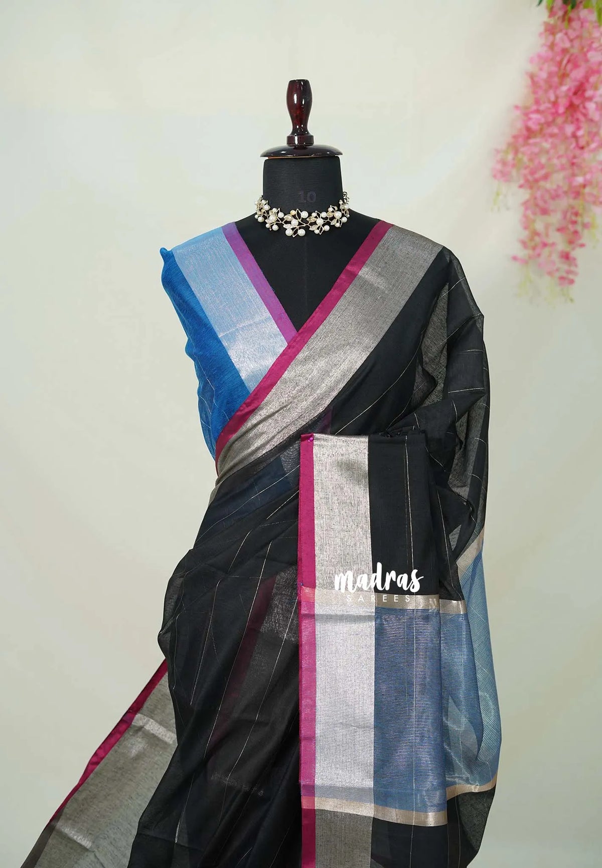 Jet Black - Maheswari - Lightweight cotton Silk Saree with Horizontal Stripes - Best for Small Funcitons