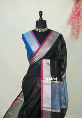 Jet Black - Maheswari - Lightweight cotton Silk Saree with Horizontal Stripes - Best for Small Funcitons