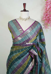 Peacock Teal Shades - Maheswari - Premium Lightweigt Cotton Silk with Madrs Checks Body and Zari Line - Best for Casual Wear