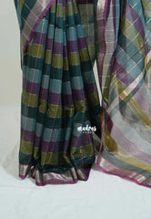 Peacock Teal Shades - Maheswari - Premium Lightweigt Cotton Silk with Madrs Checks Body and Zari Line - Best for Casual Wear