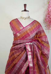Berry Rose Shades - Maheswari - Premium Lightweigt Cotton Silk with Madrs Checks Body and Zari Line - Best for Casual Wear