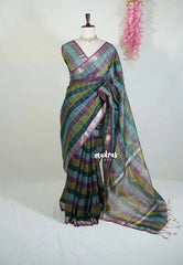 Peacock Teal Shades - Maheswari - Premium Lightweigt Cotton Silk with Madrs Checks Body and Zari Line - Best for Casual Wear