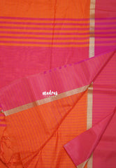 Sunset Orange - Maheswari - Lightweight cotton Silk Saree Horizontal Stripes with Skirt Border - Best for Small Funcitons