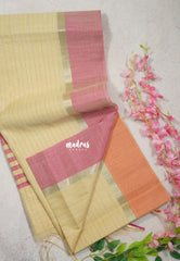 Sandal Beige - Maheswari - Lightweight cotton Silk Saree Horizontal Stripes with Ganga Jamuna Skirt Border - Best for Small Funcitons
