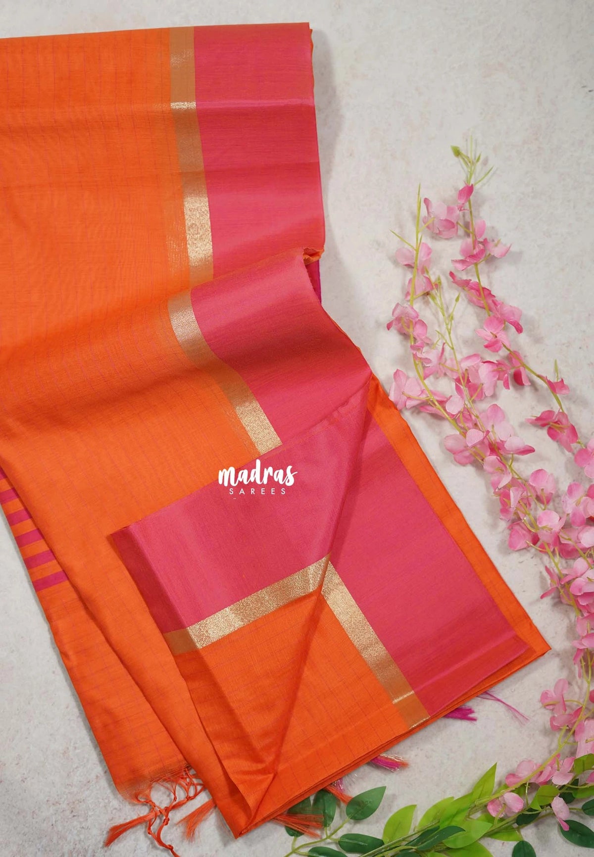 Sunset Orange - Maheswari - Lightweight cotton Silk Saree Horizontal Stripes with Skirt Border - Best for Small Funcitons