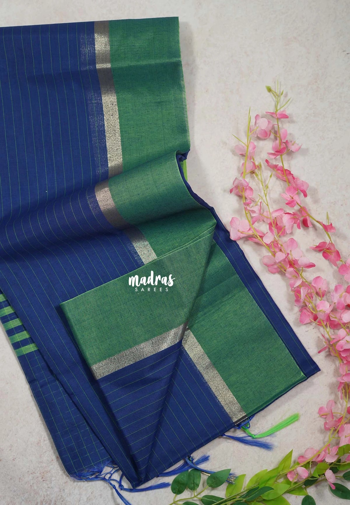 Navy Blue - Maheswari - Lightweight cotton Silk Saree Horizontal Stripes with Skirt Border - Best for Small Funcitons