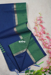 Navy Blue - Maheswari - Lightweight cotton Silk Saree Horizontal Stripes with Skirt Border - Best for Small Funcitons