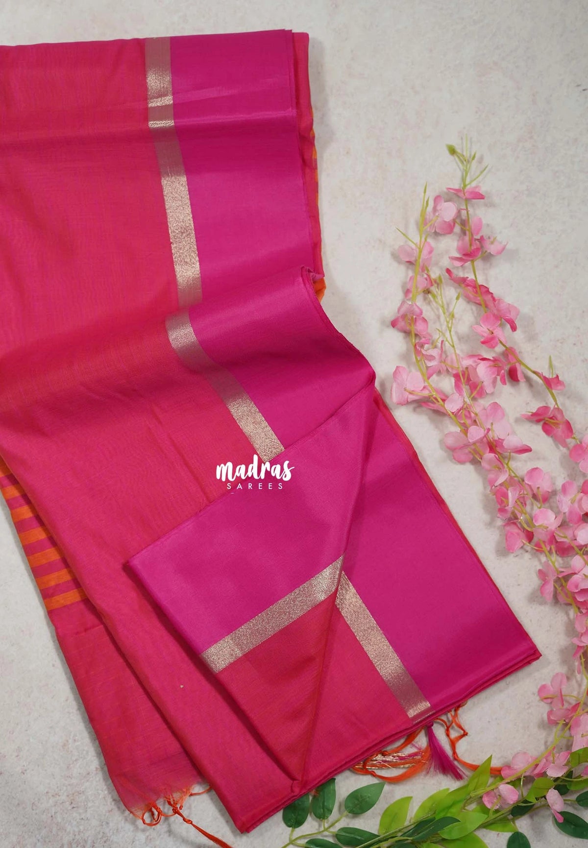 Dual Shade Queen's Pink - Maheswari - Lightweight cotton Silk Saree Horizontal Stripes with Skirt Border - Best for Small Funcitons