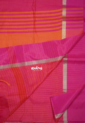 Dual Shade Queen's Pink - Maheswari - Lightweight cotton Silk Saree Horizontal Stripes with Skirt Border - Best for Small Funcitons