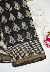 Yamuna - Handblock Maheswari silk with zari border - Black with checks border